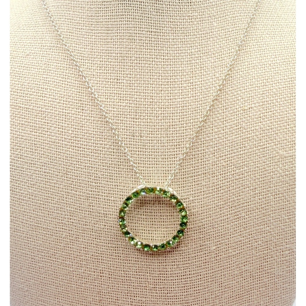 Green Glass Rhinestone Circle Pendant Necklace 16" Hidden Bail Dainty